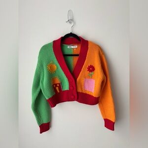Zara Colorblock Cropped Cardigan Sweater Cottagecore Sun Moon Floral